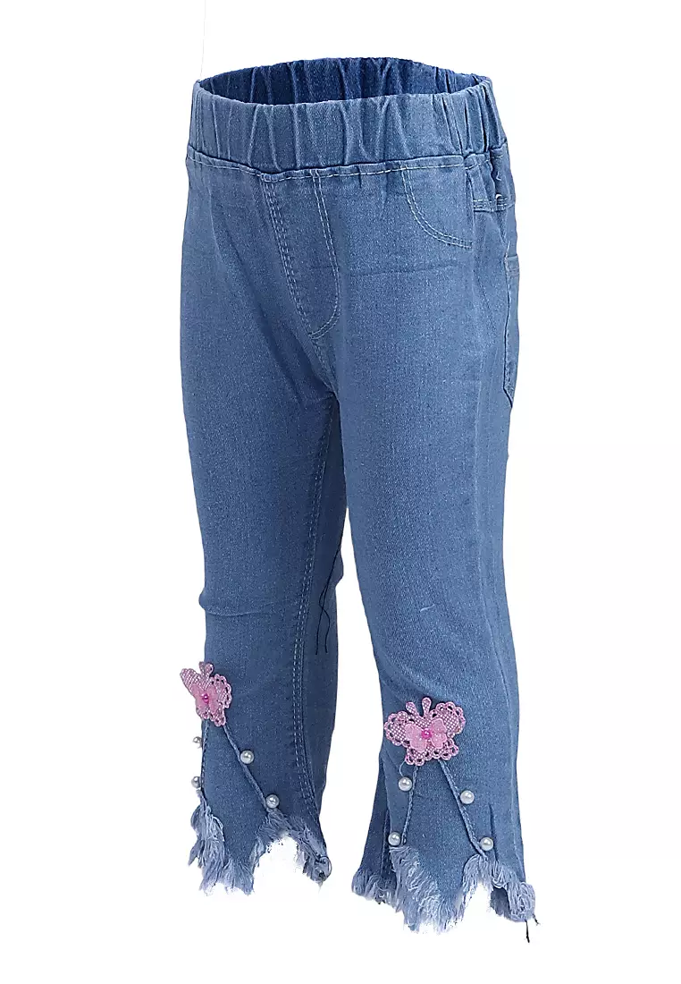 Yocelyn Celana Jeans 7/8 Anak Perempuan Kid Long Pants Desain Rawis Material Denim ORIGINAL - Light Blue