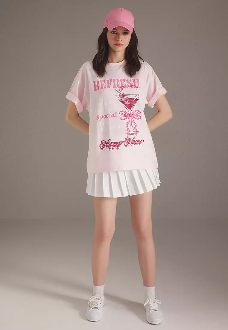 Light Pink 100% Cotton Cocktail Printed Oversize/Wide Cut Knitted T-Shirt TWOSS25TS00163