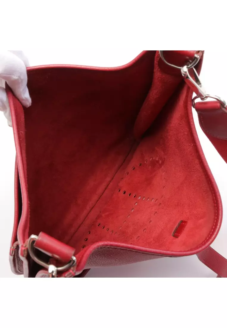 HERMES Clemence Leather Evelyne GM Silver Buckle Shoulder Bag Red