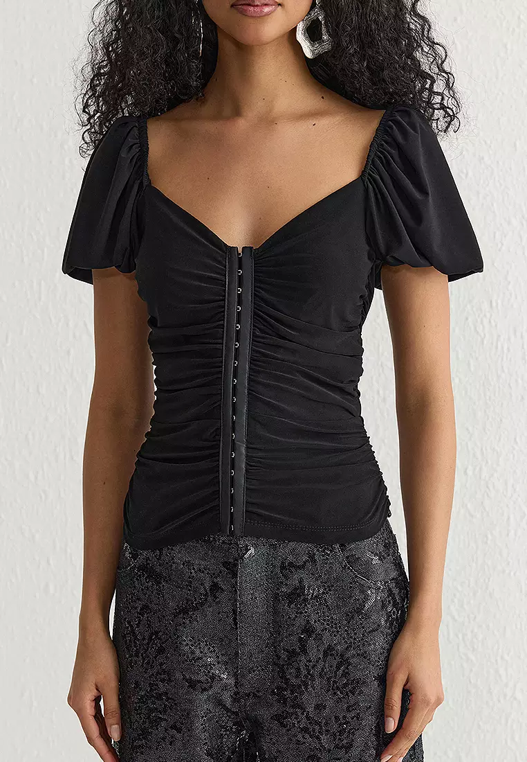 Black Balloon Sleeve Crochet Knitted Blouse