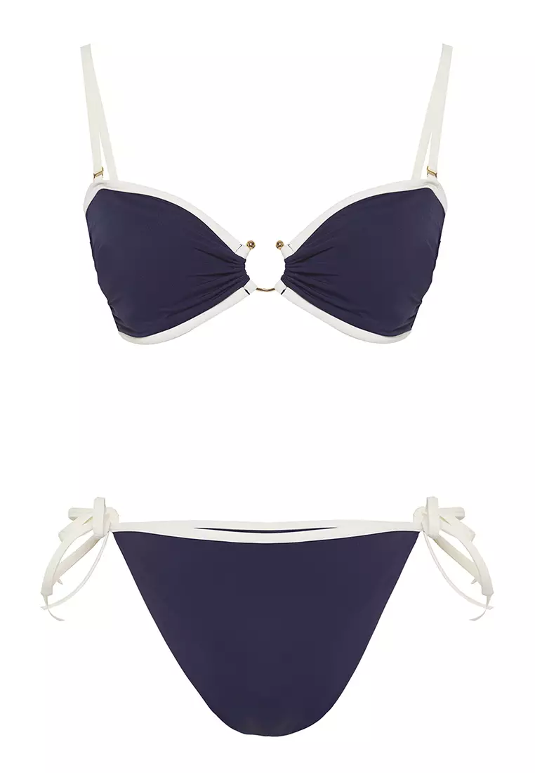 Navy Blue Strapless Contrast Colored Piping Accessory Regular Bikini Set
