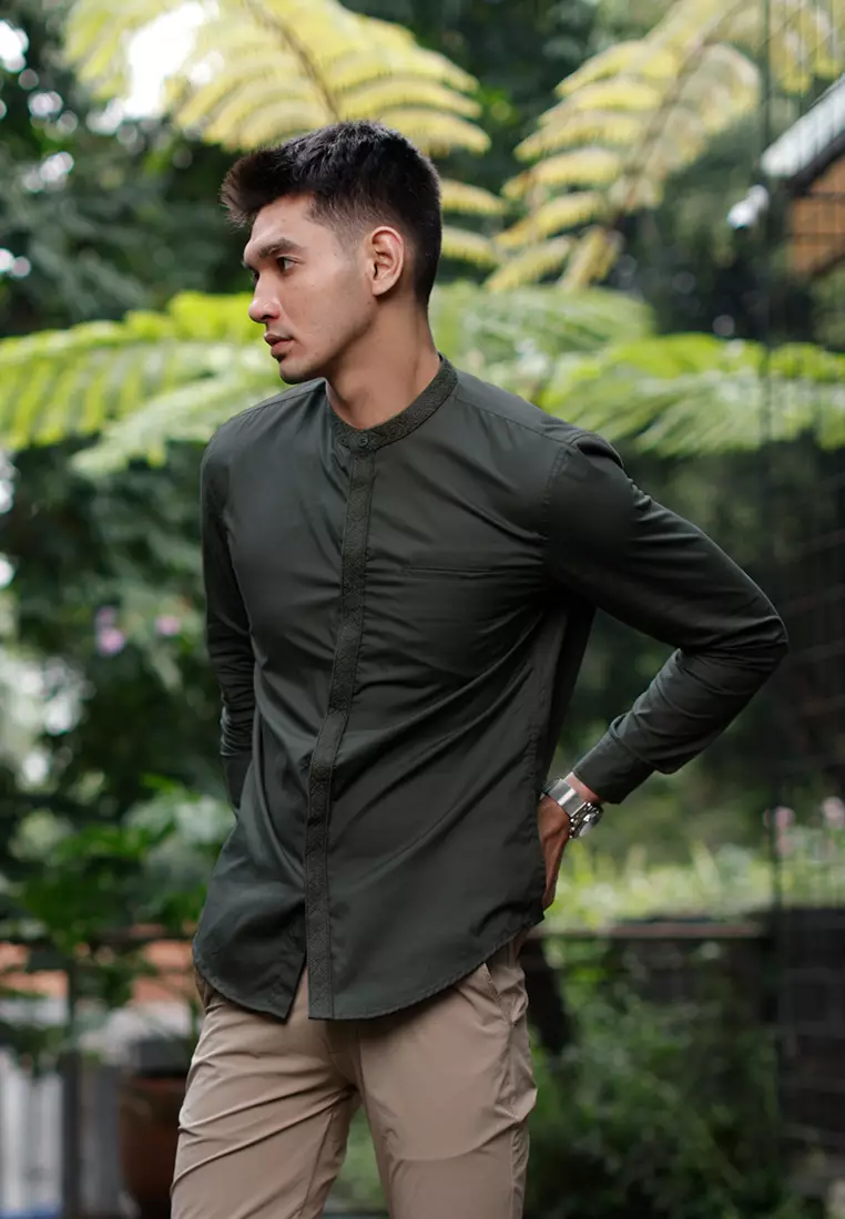 OXCON Kemeja Tangan Panjang koko bordir embrodiery collarless shirt seaweed