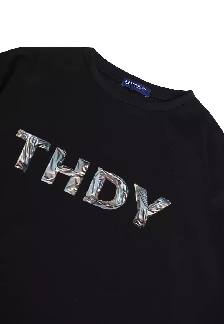 MTP32 kaos oversize abstract efek metallic duct tape THDY aesthetic tulisan bahan scuba tebal hitam