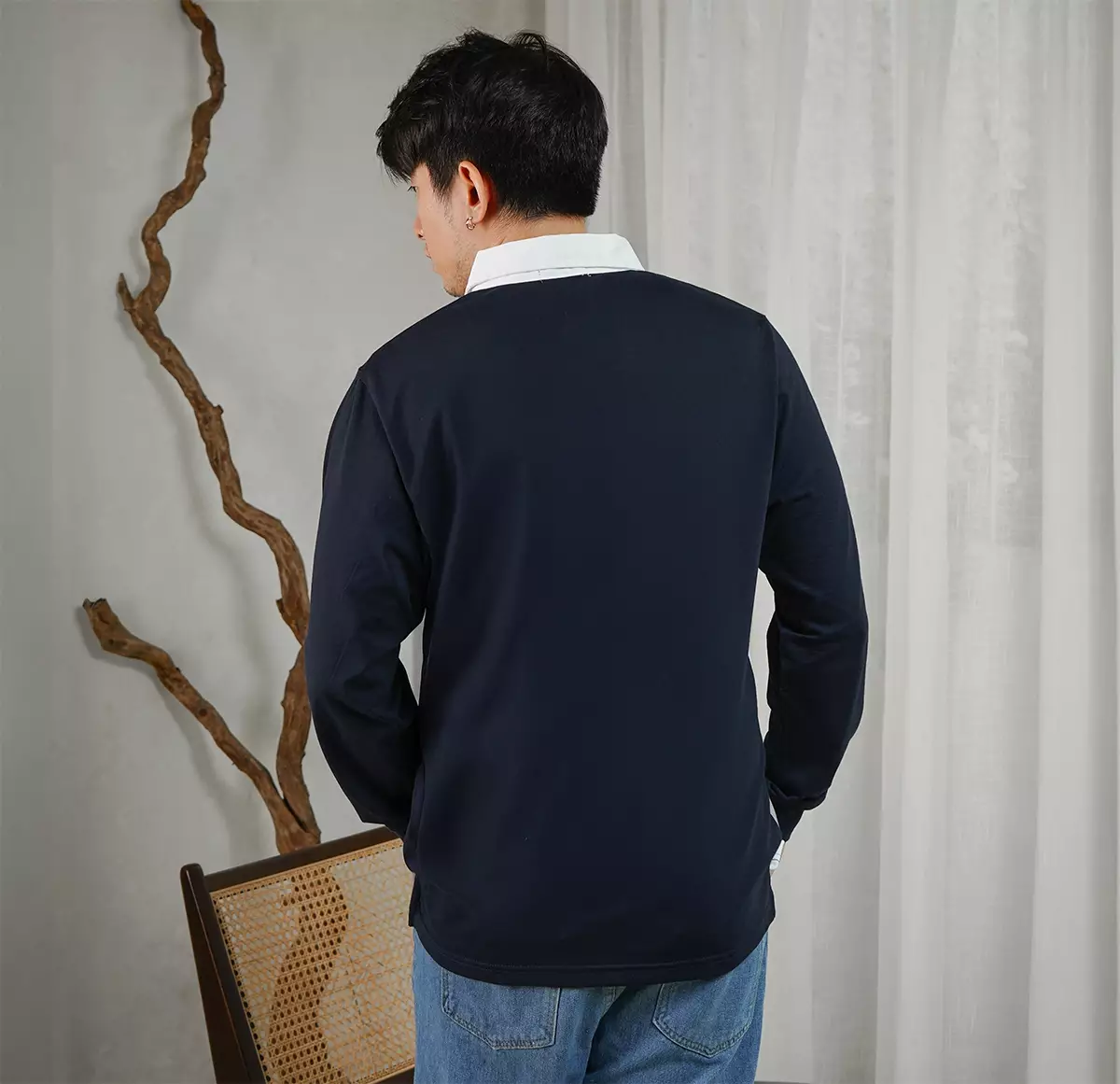 Matsuda Kaos Rugby Polo Shirt Katun Pria Lengan Panjang Yasugi Navy White