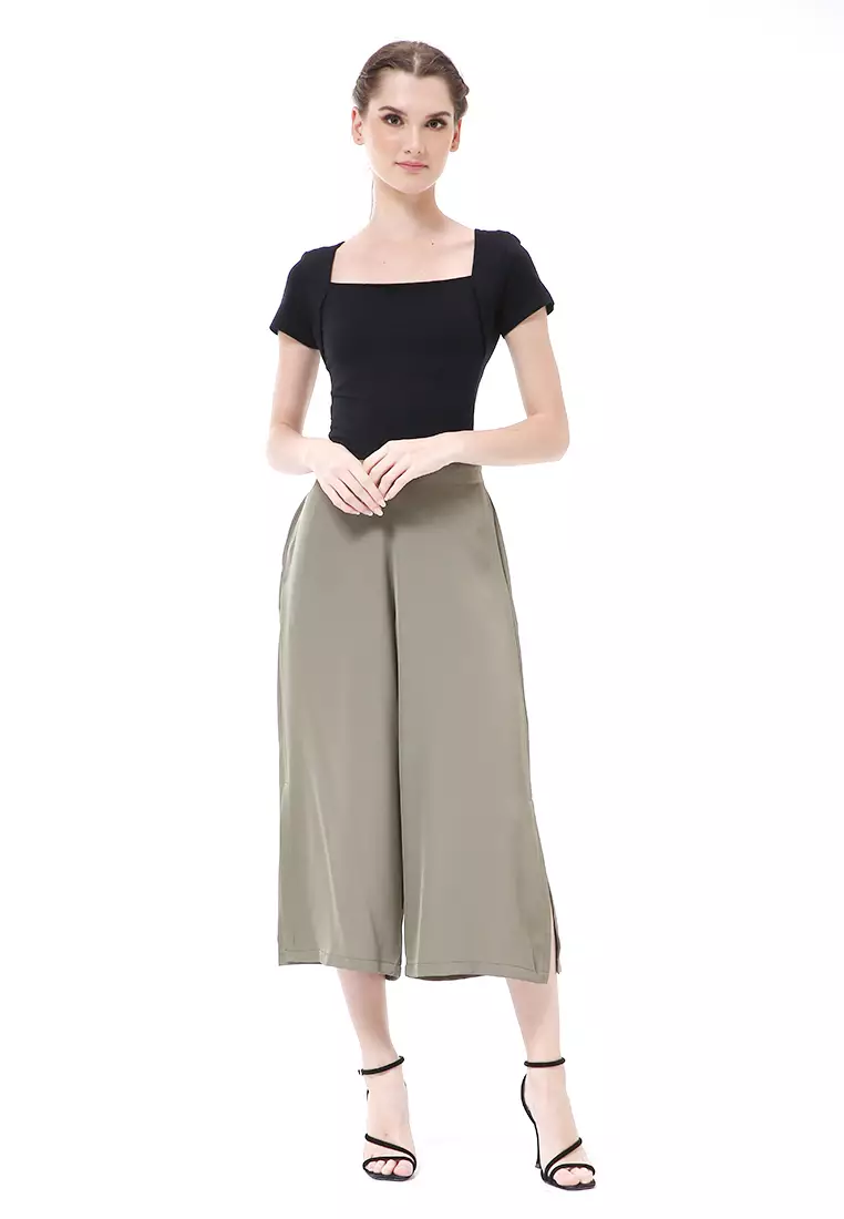 Stella Celana Kulot Wanita Belah Samping Side Slit Culottes Pants Material Crepe ORIGINAL - Army