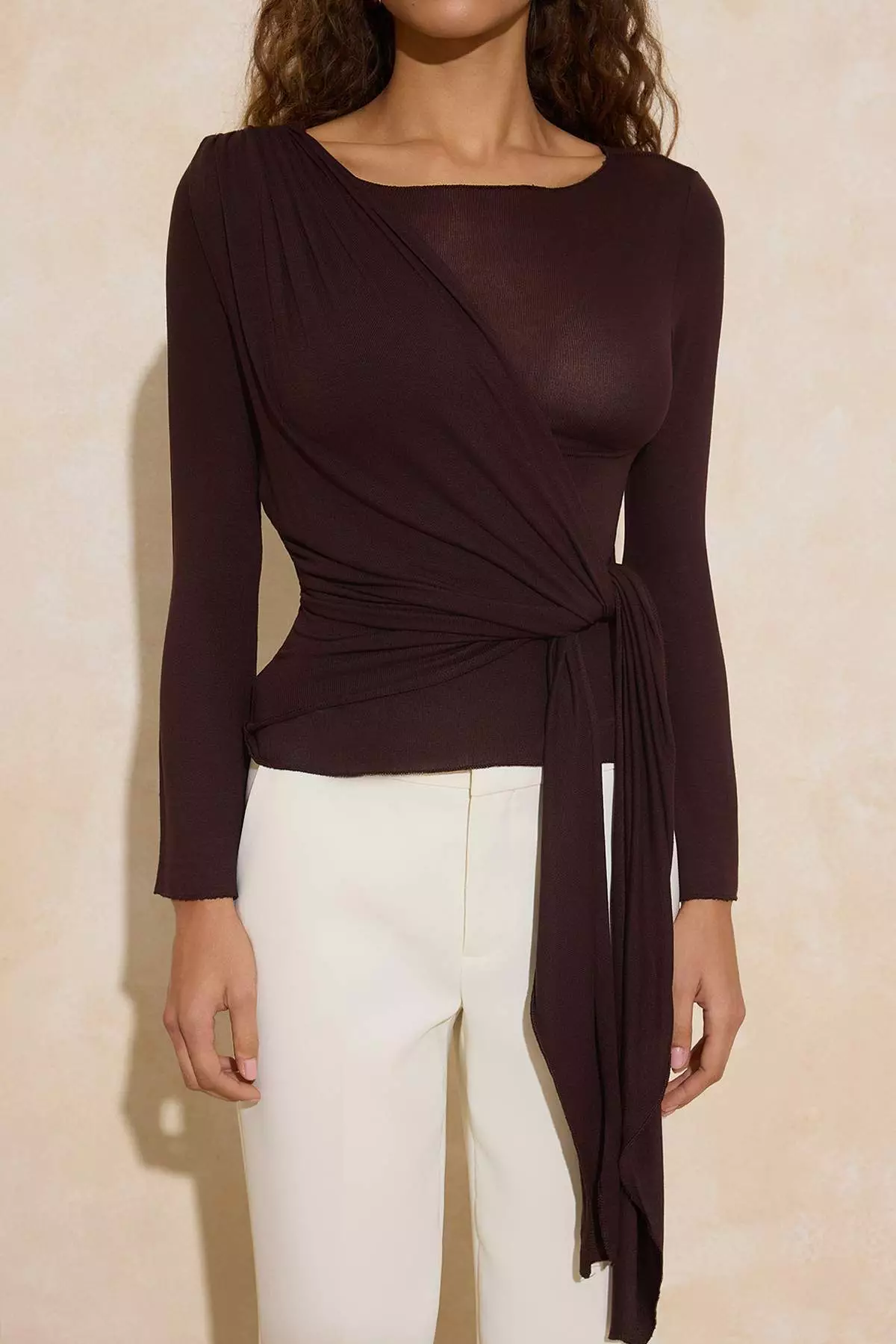 Brown Transparent Regular/Normal Fit Knitted Blouse With Tie Detail Twoss26Bz41