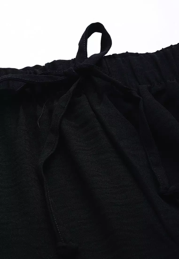 Celana Serut Kargo Bertingkat Tinggi Hitam