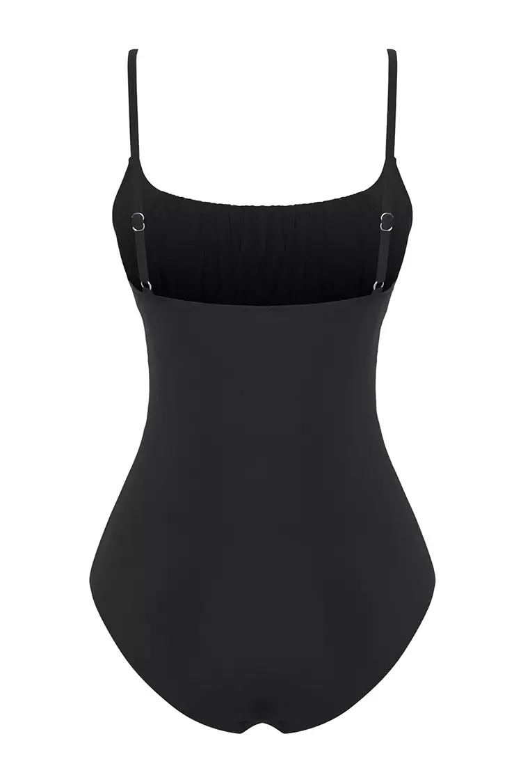 Black Square Neck Draped Swimsuit TBESS25MA00124
