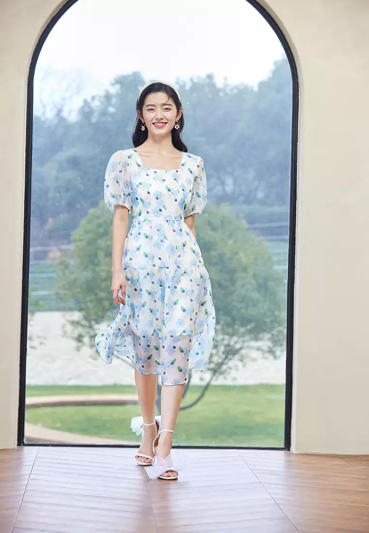 Short Puff Sleeve Square Neck Floral Midi Dress
