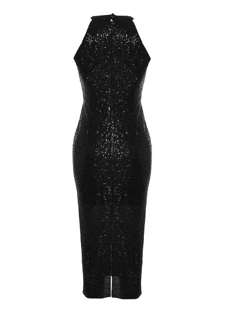 Black Sequin Embellished Elegant Evening Prom Christmas Dress