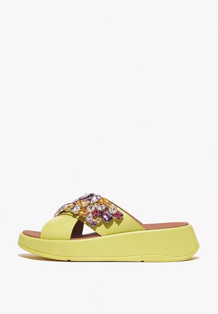 Discount on Fitflop  shoes - SKU: Fitflop F-Mode Women's Jewel-Deluxe Leather Flatform Cross Slides - Sunny Lime