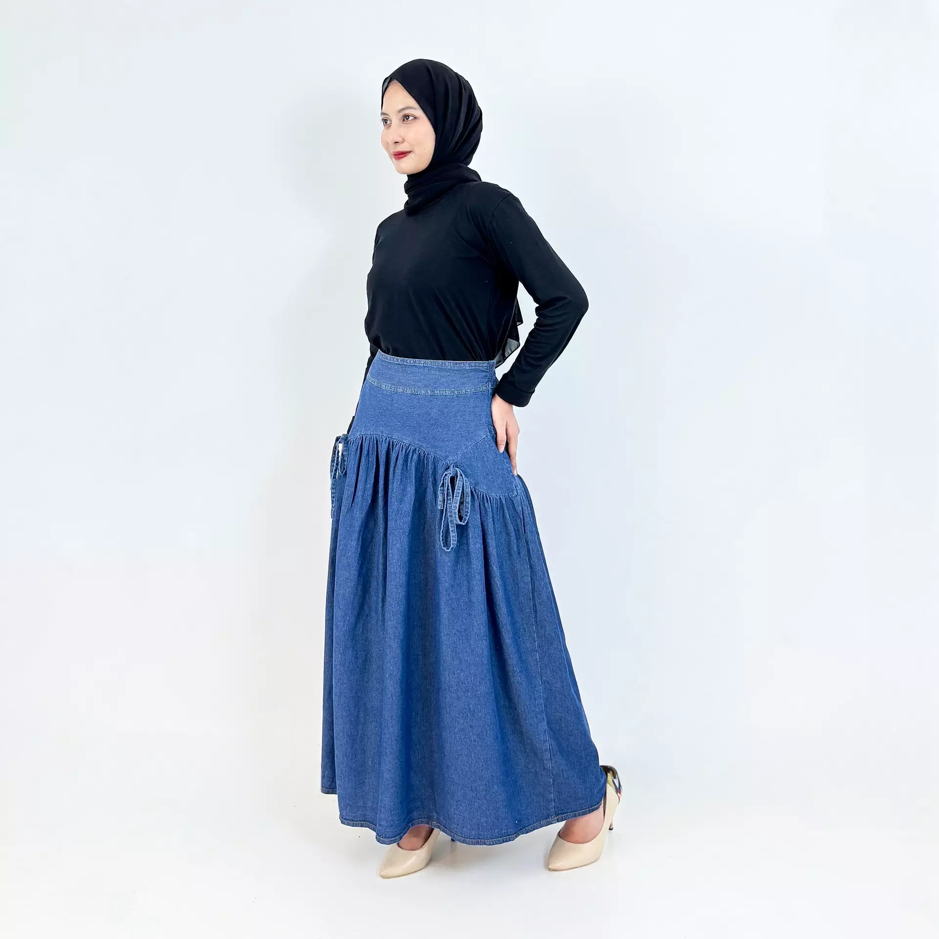 Flare Denim Skirt (Rok Panjang Soft Jeans Wanita Pita) Dark Blue