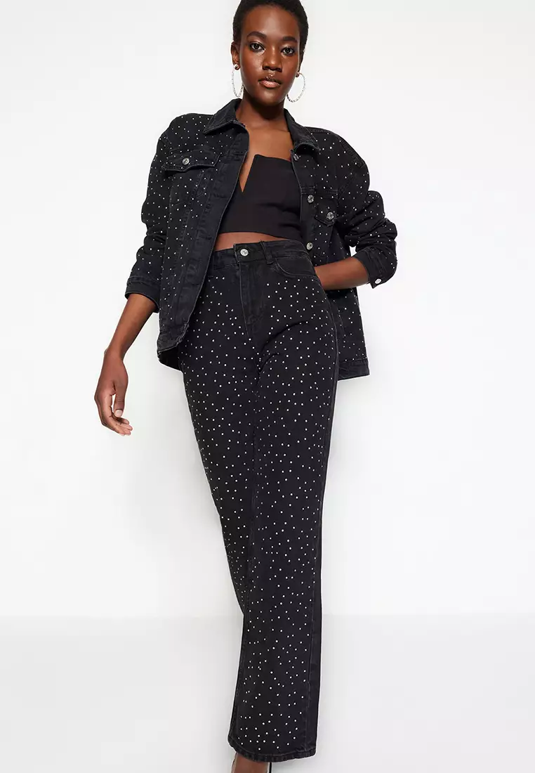 Stones Detail Straight Jeans
