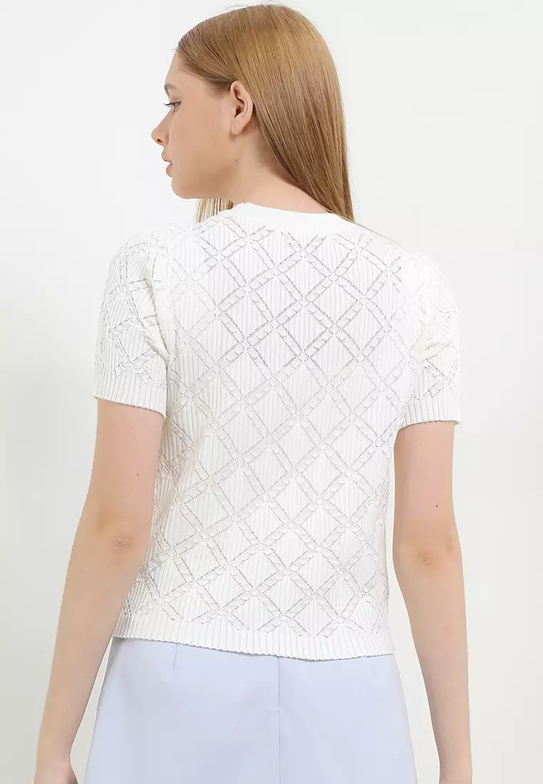 S/S High Neck Knit Blouse W/ Rose Emblem