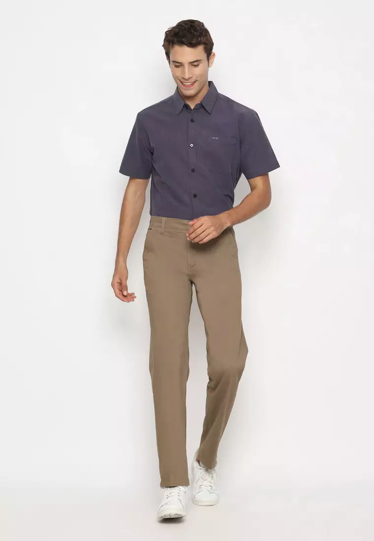 POLICE Celana Chino Panjang Brown Cotton Premium Stretch Regular Fit Pria