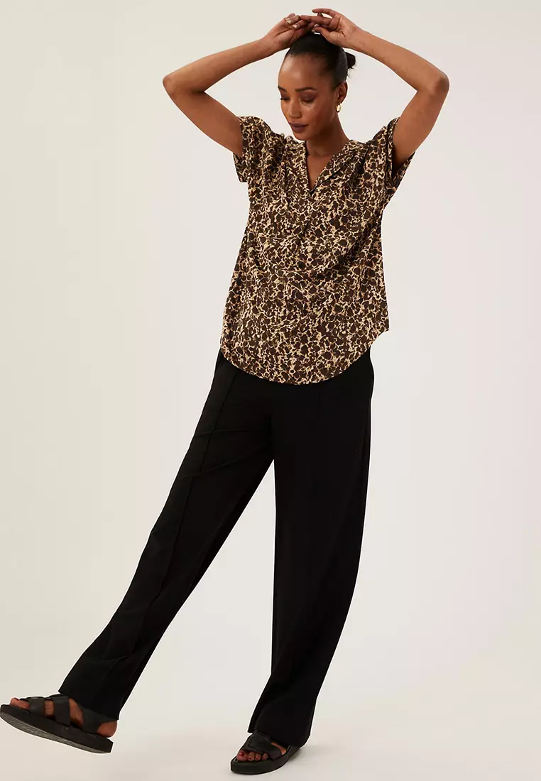 Animal Print Short Sleeve Popover Blouse