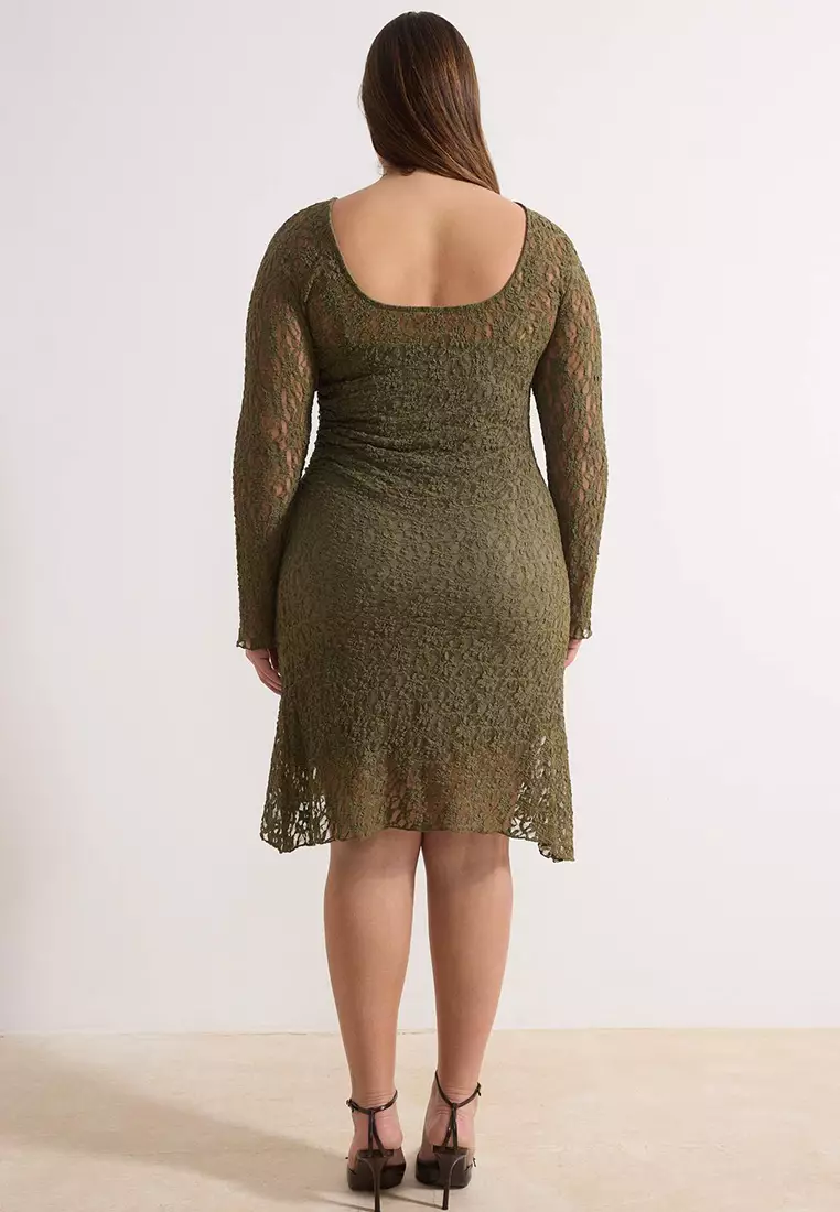 Khaki Lace Knitted Mini Plus Size Dress Tbbaw26Ah00042