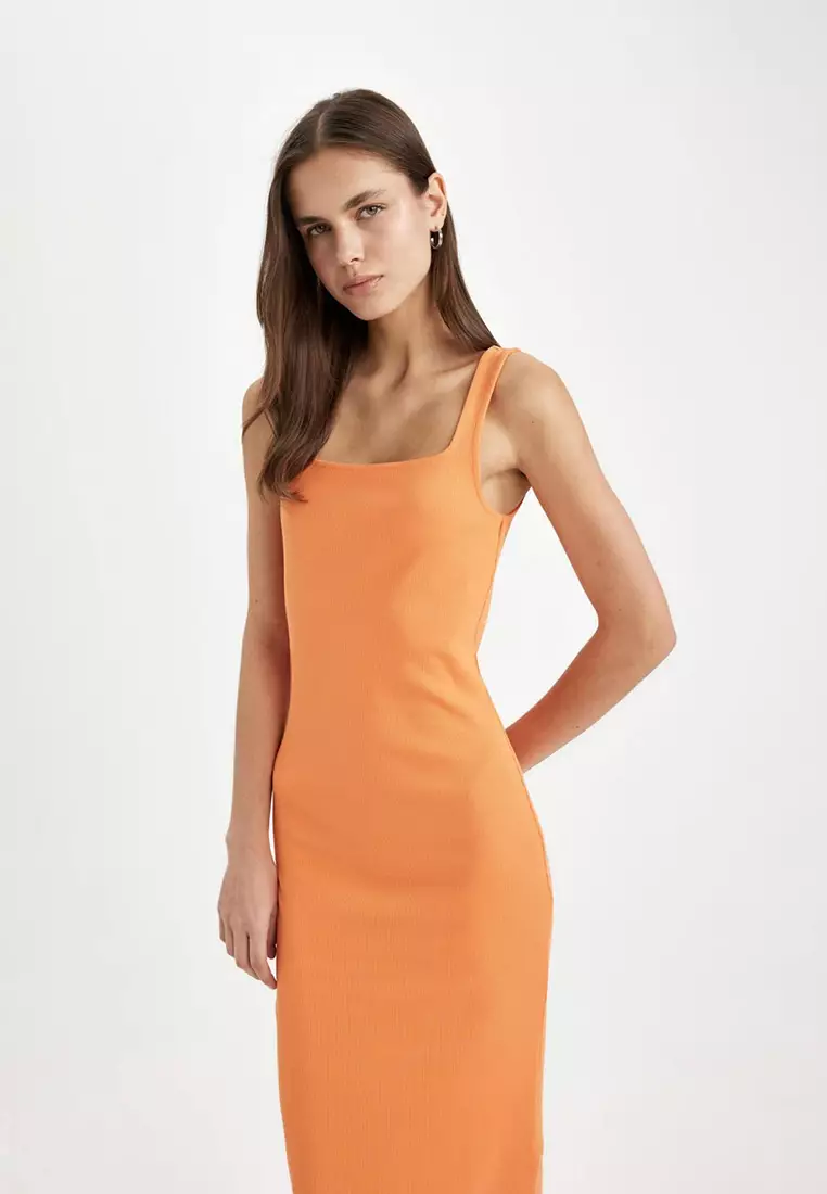 Bodycon Fitted Basic Plain Square Neck Ribbed Camisole Sleeveless Midi Dress