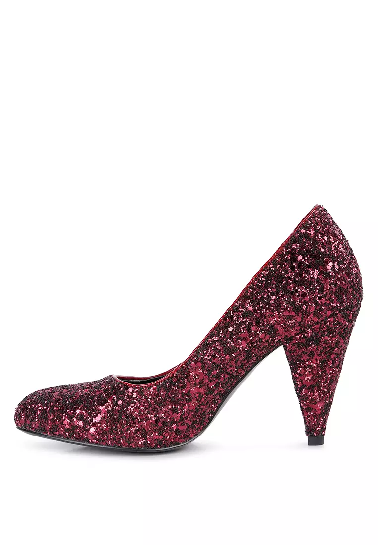 Burgundy Glitter Conical Heel Pumps