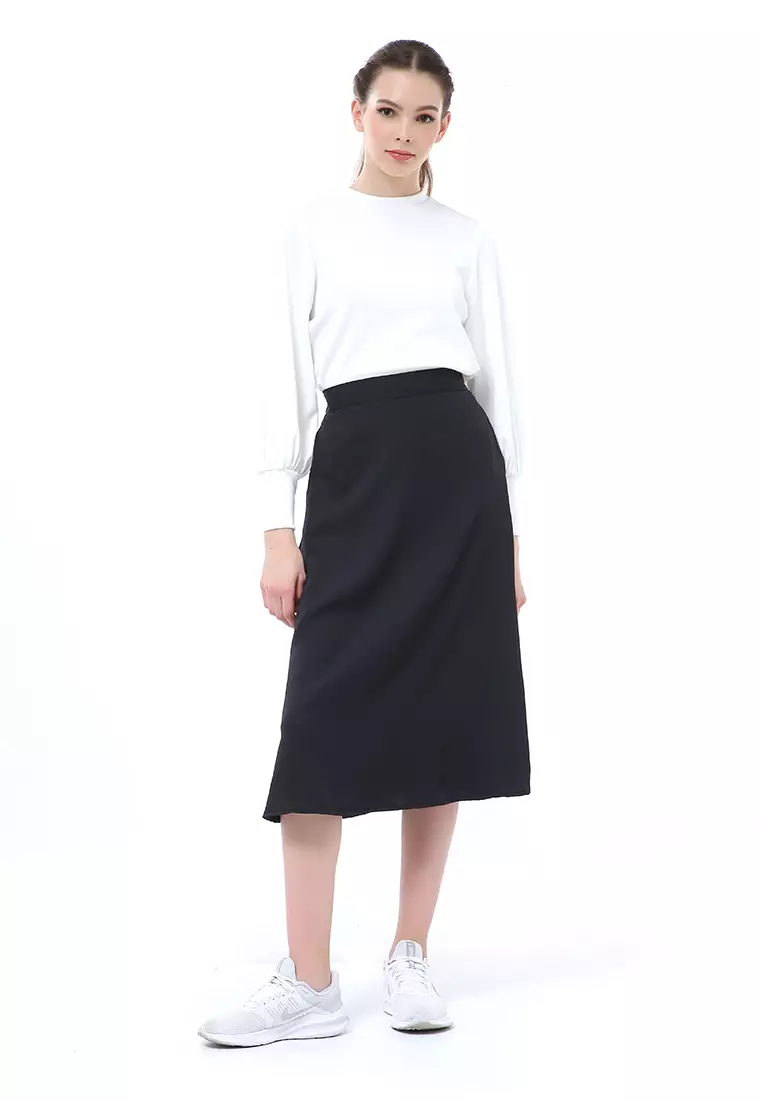 Trisha Rok Midi Wanita Model A-Line Simple Palin Motive Material Crepe ORIGINAL - Black