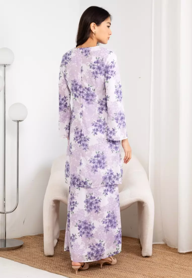 Abstract Lilac Floral Baju Kurung Modern Chiffon in Purple Base