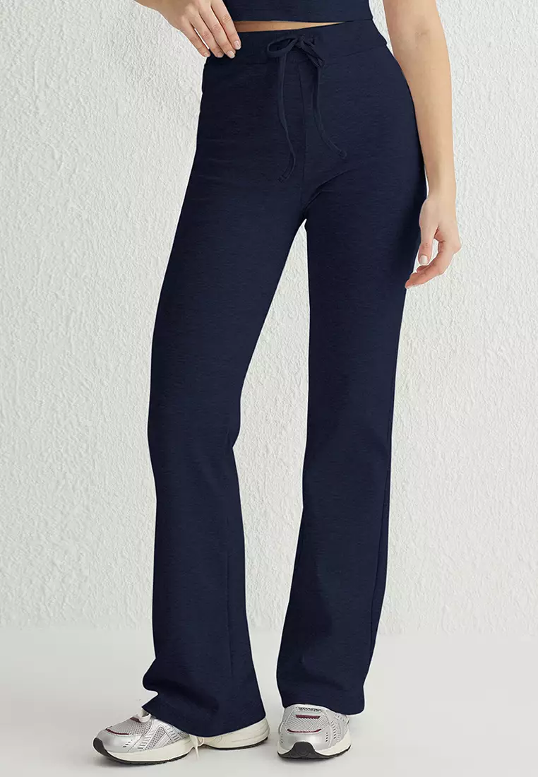 Navy Blue Fitted/Body Fitted Flexible Knitted Bottom-Top Set TWOSS25AU00053