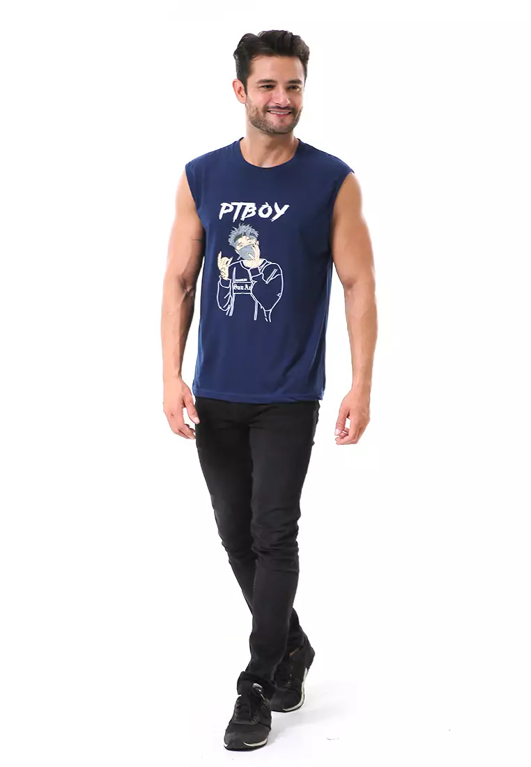 Bobby Atasan Kasual Pria Singlet Motif Ptboy Sleeveless Tshirt Material Cotton ORIGINAL - Navy