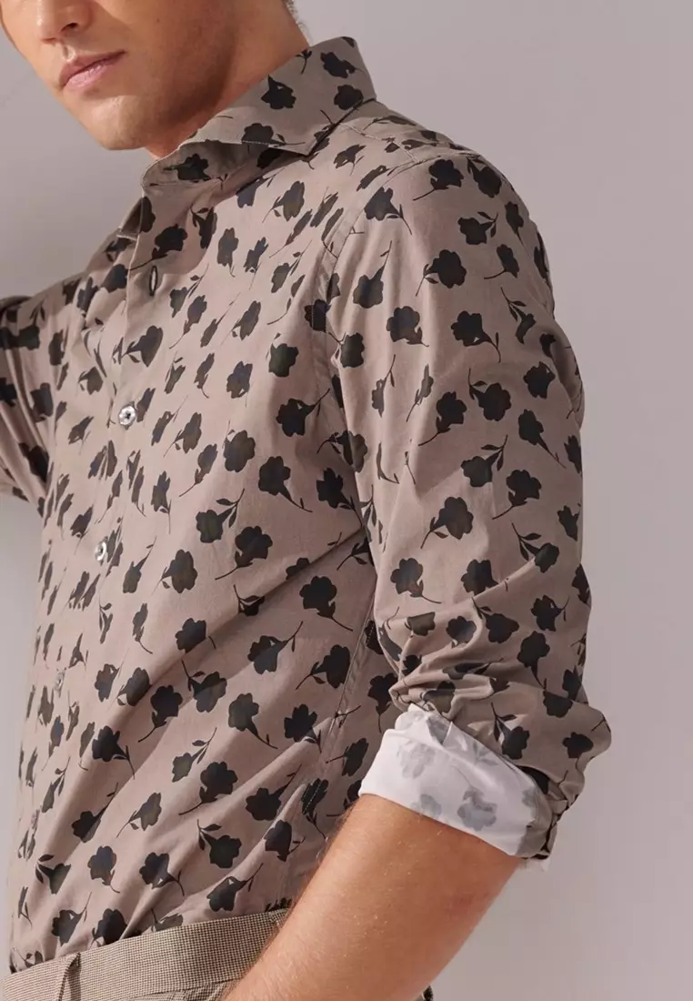 Khaki Green Floral Print Classic Fit Shirt