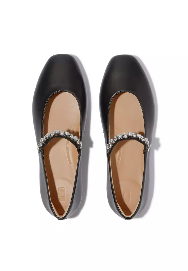 DELICATO Women's Pearls & Crystal Leather Ballet Flats  - Black (A0Q-001)