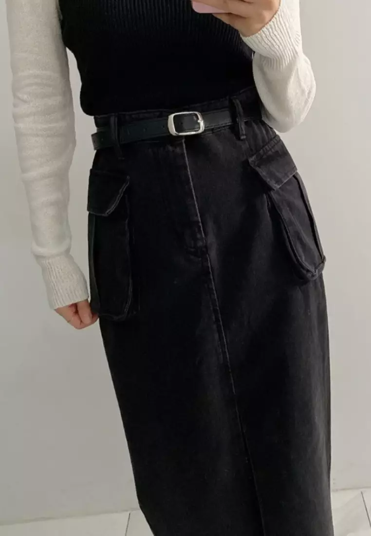 Korean style casual slit denim maxi skirt CA26033034BK