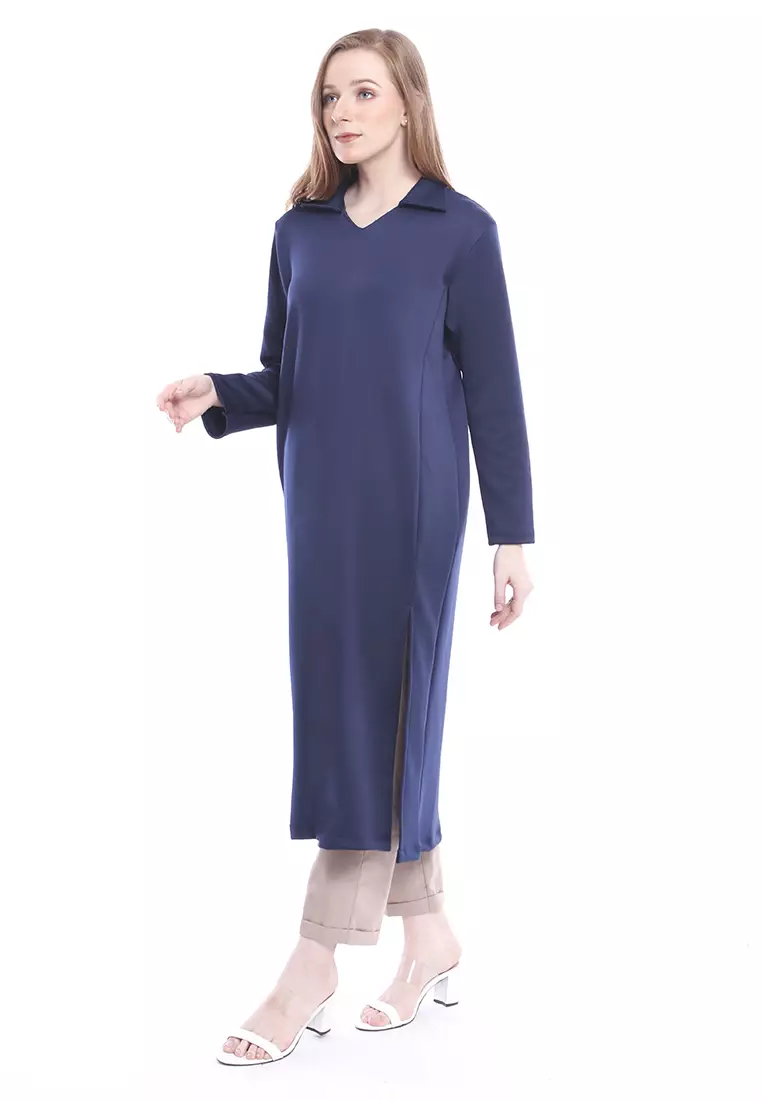 Ghea Tunik Aksen Slit Long Sleeves Basic Baju Wanita Relaxed Fit - Navy