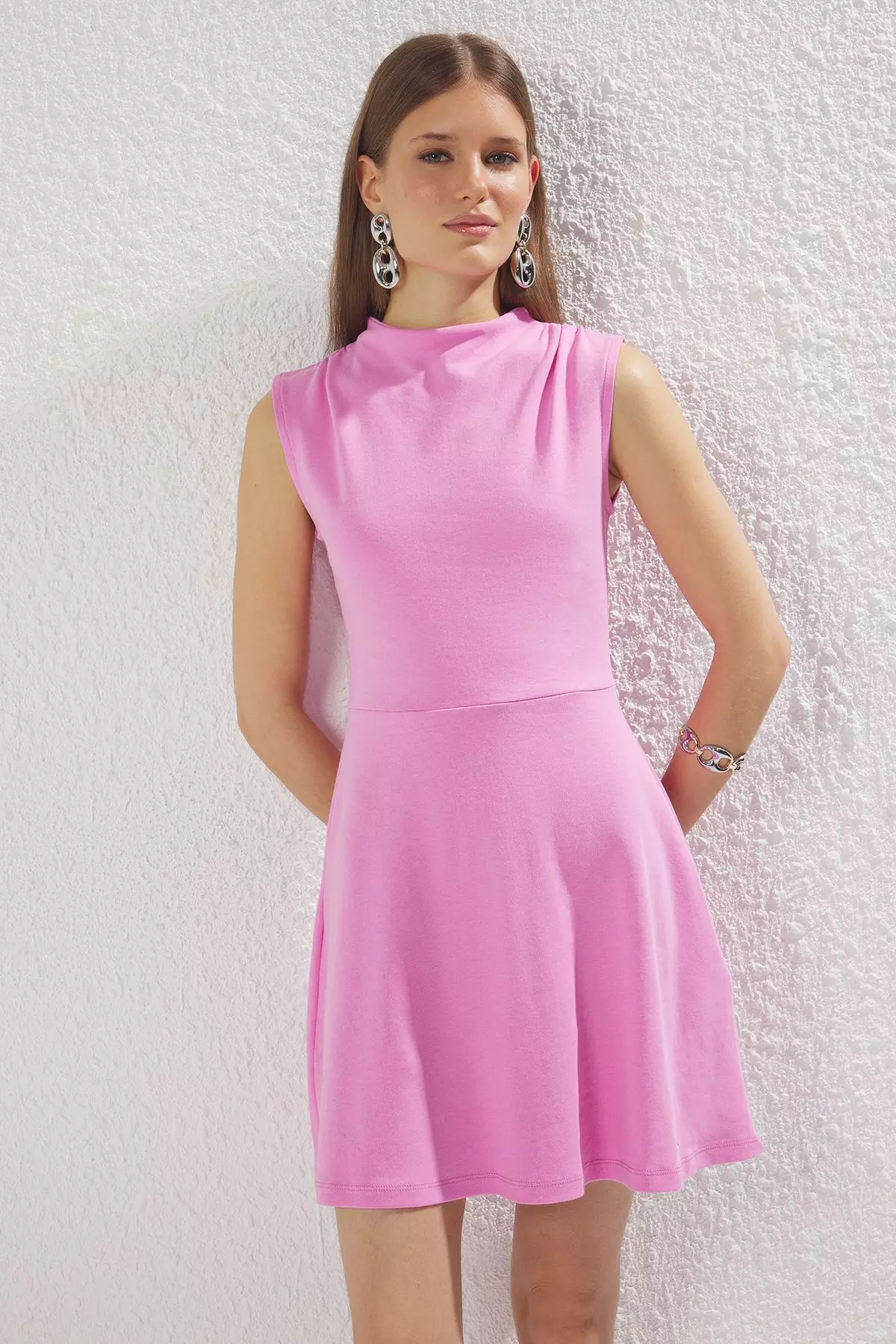 Pink Stand Collar Skater/Waist Open Mini Knit Dress TWOSS25EL00359