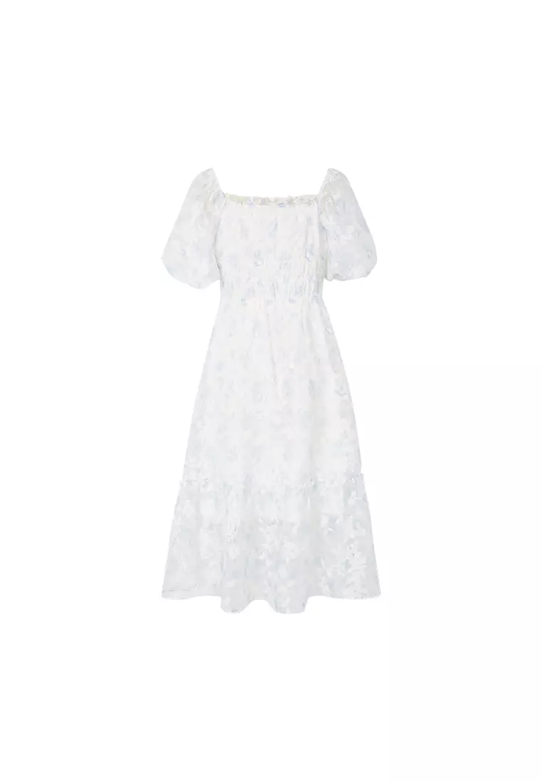 Puff Sleeve Square Neck Floral Shirred Midi A-Line Dress