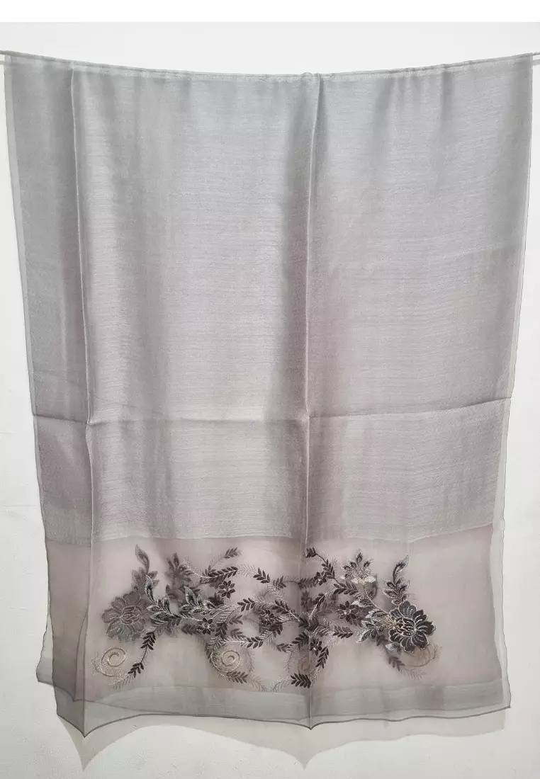 Golden Thread Embroidery Camelia Floral Silk Shawl Syal Sutra Wanita Grey