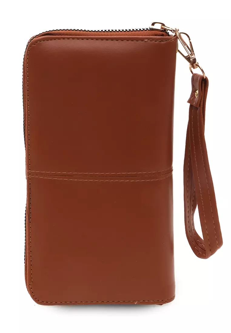 Dompet Leather Wanita Design Casual Long Wallet Soft Large Capacity Free Tali Tangan - Coklat