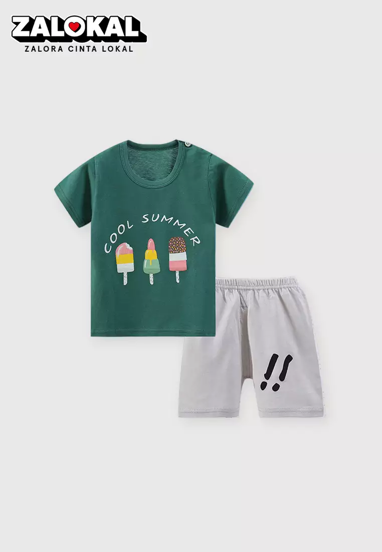 Setelan Bayi Baju Anak Laki Laki Oblong Lengan Pendek Set Celana Kaos Motif Lucu Ice Cream Import Venrz 4312