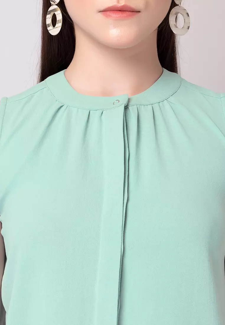 Green Gathered Sleeveless Blouse