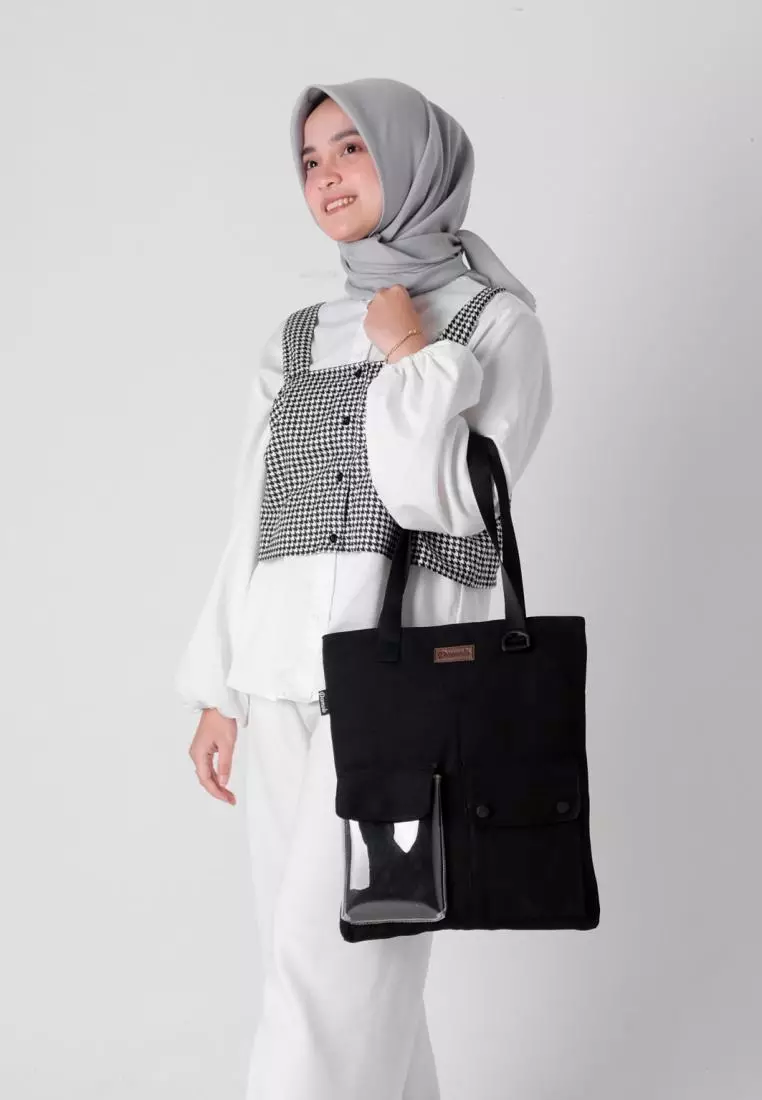 Tote Bag Tas Wanita Bahan Kanvas Penutup Resleting Carry Series Hitam