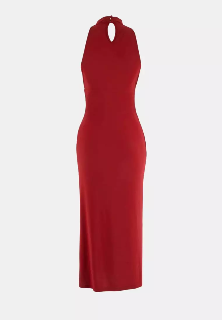 Tile Bodycon Halter Collar Sleeveless Accessory Detailed Midi Stretchy Knitted Dress Twoss26El267