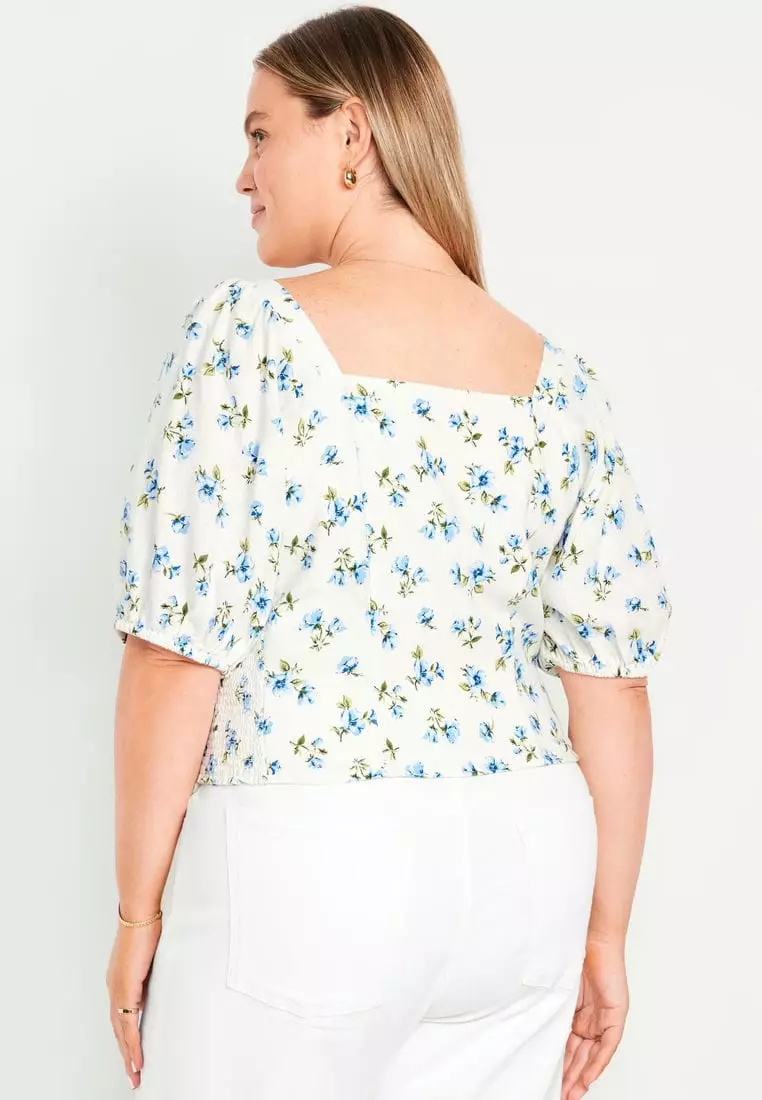 Puff-Sleeve Linen-Blend Floral Top