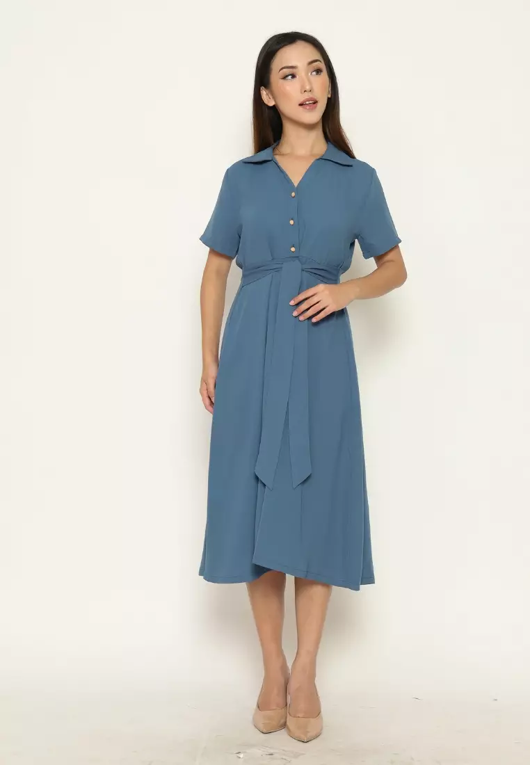 Urban Exchange Shanika Dress Blue - Midi Dress Blue Dress Biru