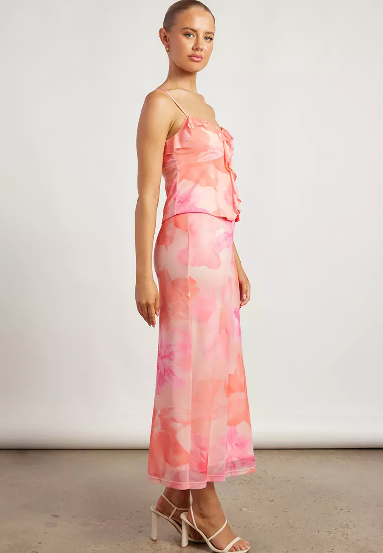 Tropical Floral Print Front Slit Mesh Top & Skirt Set