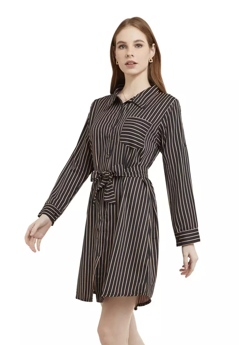 Tunik Salur Self Tie Belt Baju Wanita Lengan Panjang Garis Regular Fit - Black