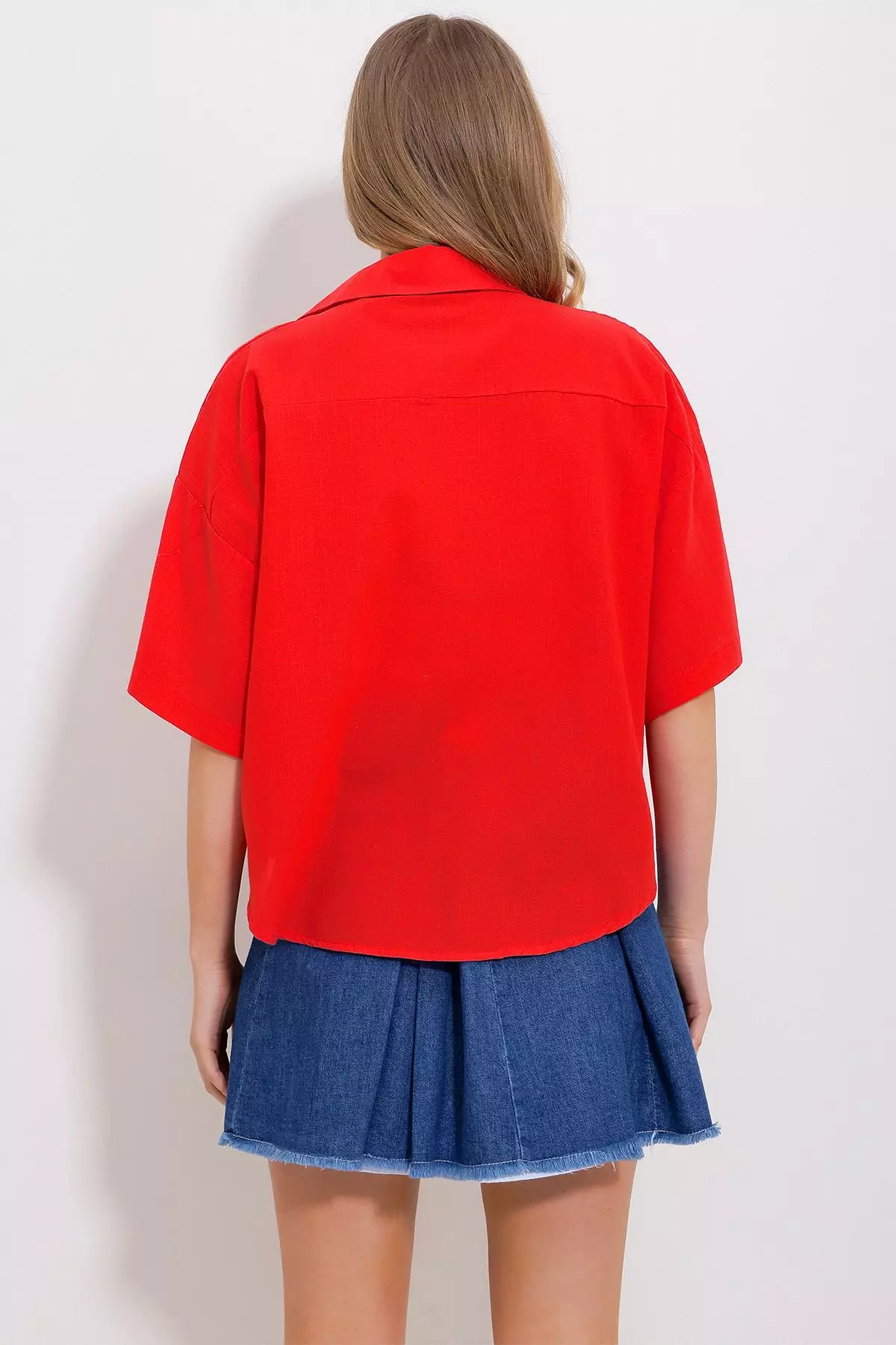 Women's Coral Double Pocket Half Sleeve Linen Shirt