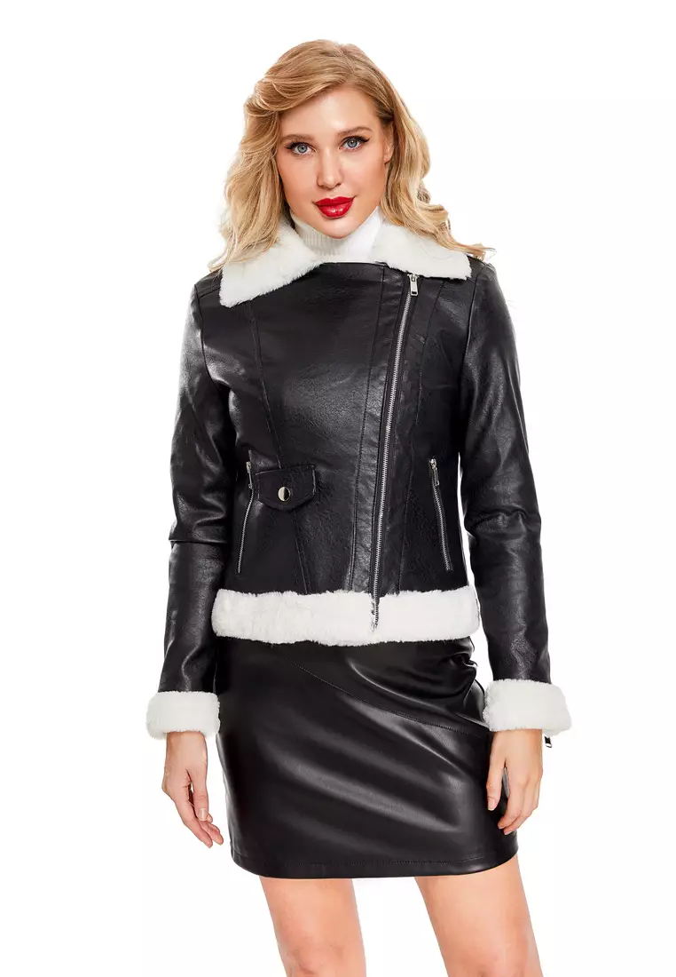 Cropped Fleece-lined Faux Leather Jacket AD5902