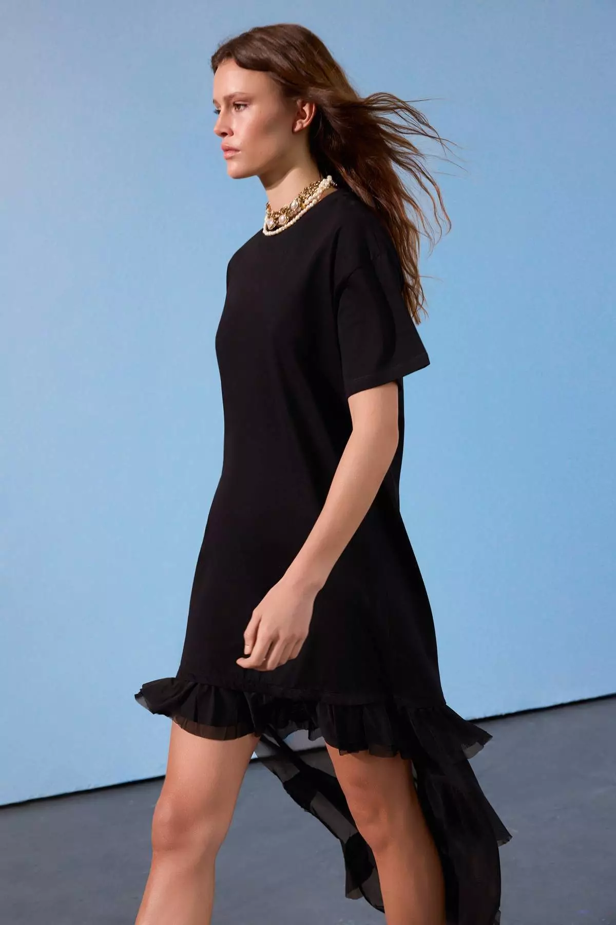 Limited Edition Black Low Arm Short Sleeve Tok 1% Cotton Knitted T-Shirt Dress Twoss26El41