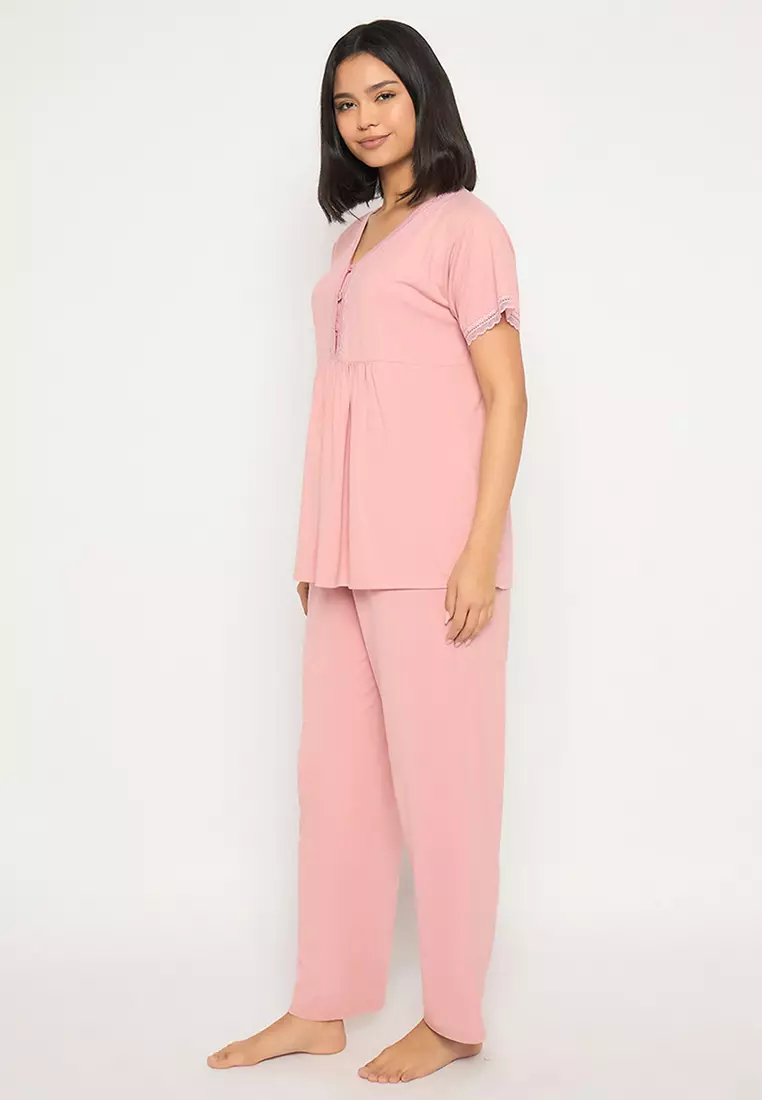 Clovia Peplum Top & Pyjama Set in Light Pink