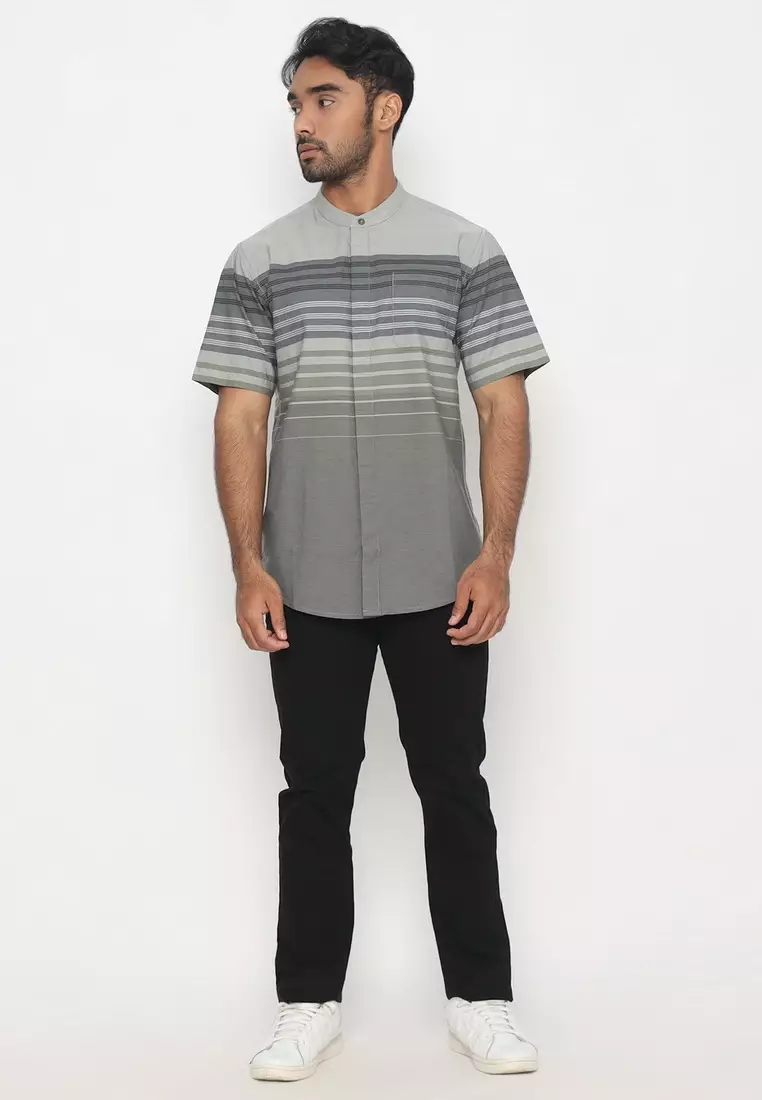 POLICE Kemeja Koko Border Krah Shanghai Abu Hijau Regular Fit Pria