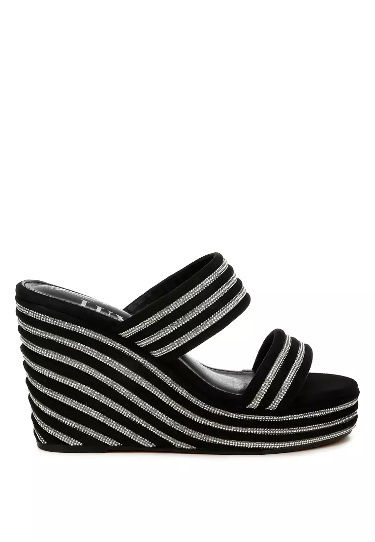 Discount on London Rag  shoes - SKU: Rhinestones Embellished Wedge Sandals In Black