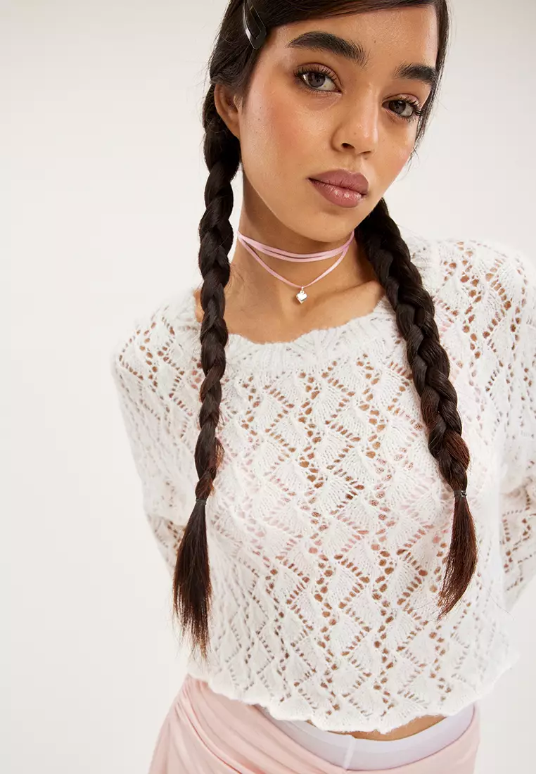 Monki long sleeve crochet top in white